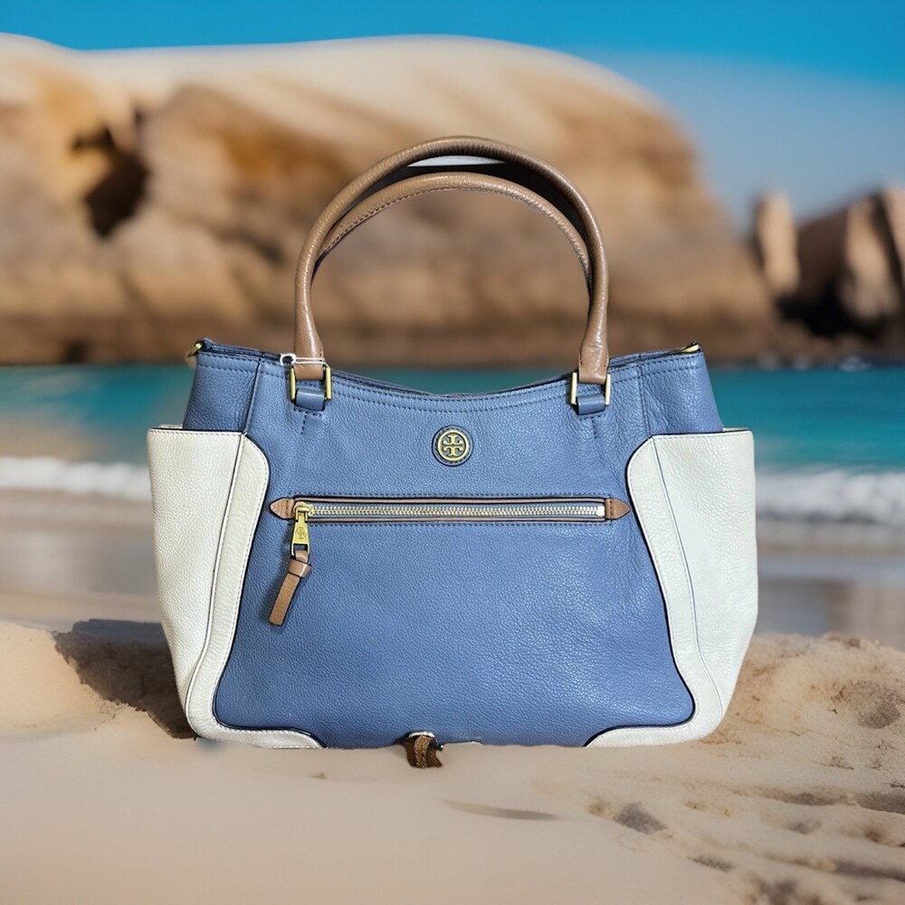Tory Burch Frances Colorblock Satchel Pebbled Leather Handbag Comet Blue/White